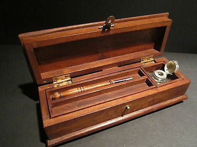 Antique Vintage Style Wood Inkwell Writing Box Pen Desk Set w Inkwell & Pen - Early Home Decor