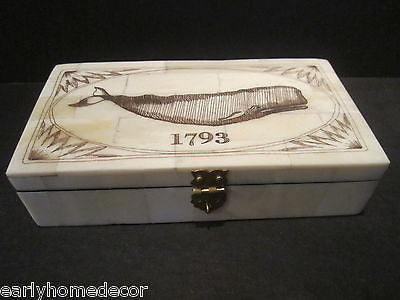 Nice Antique Style Folk Art  Whale Scrimshaw Bone & Wood Trinket Box 1793 - Early Home Decor