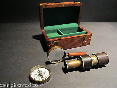 Antique Vintage Style Magnifying Glass Compass Telescope Wood Box Kit - Early Home Decor