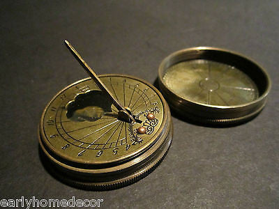 Antique Style Solid Brass Timekeeping Sundial with Top Pocket Compass Watch - Early Home Decor