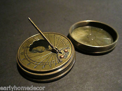 Antique Style Solid Brass Timekeeping Sundial with Top Pocket Compass Watch - Early Home Decor