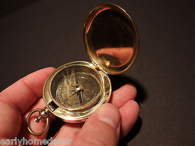 Antique Style Solid Brass Pocket Compass flip lid Signal mirror with bag - Early Home Decor