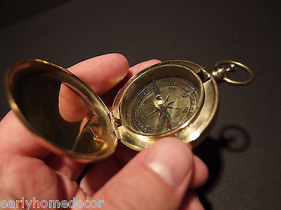 Antique Style Solid Brass Pocket Compass flip lid Signal mirror with bag - Early Home Decor