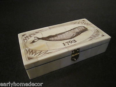 Nice Antique Style Folk Art  Whale Scrimshaw Bone & Wood Trinket Box 1793 - Early Home Decor