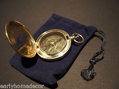 Antique Style Solid Brass Pocket Compass flip lid Signal mirror with bag - Early Home Decor
