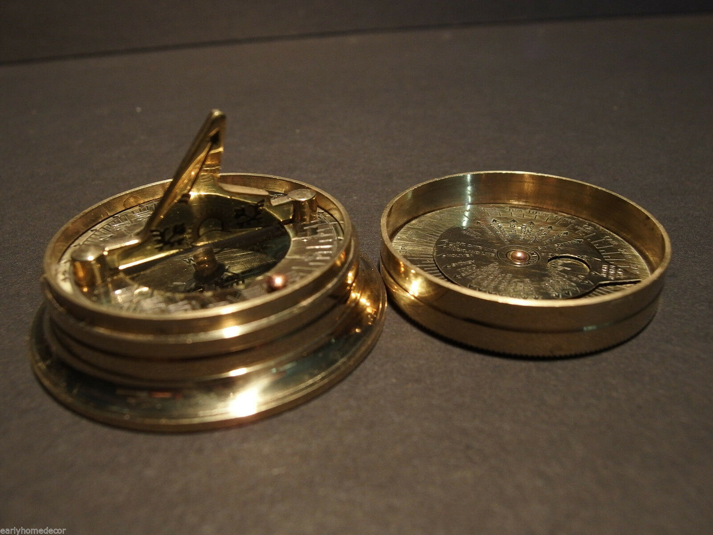 Antique Style Solid Brass Wing Sundial w Lid Pocket Watch Compass - Early Home Decor