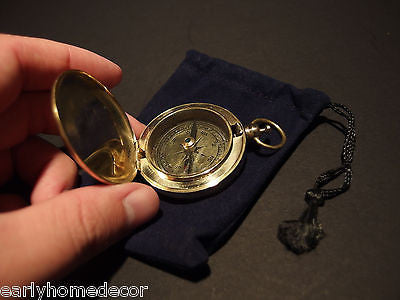 Antique Style Solid Brass Pocket Compass flip lid Signal mirror with bag - Early Home Decor