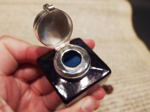 Antique Style Glass Square Cobalt Blue Inkwell Ink Pot with Dip Calligraphy Pen - Early Home Decor